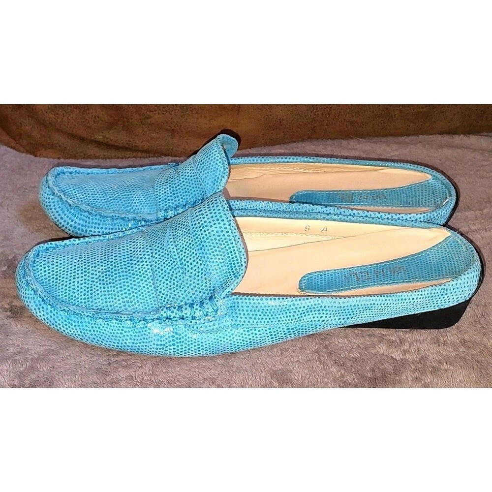 VANELi Turquoise Blue Lizard Embossed Leather Mules Loafers Women’s Size 9 A - Picture 14 of 14